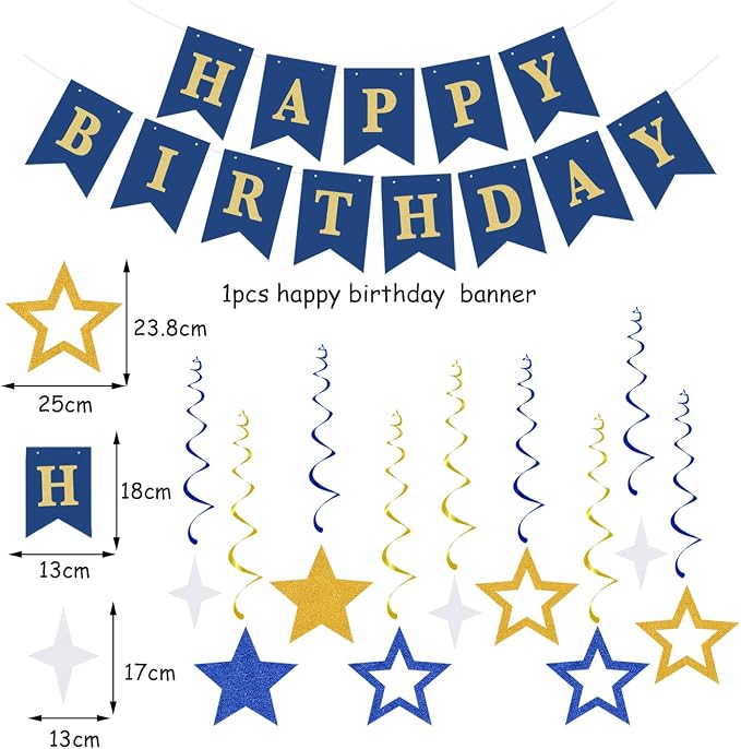 Navy-Blue White-Gold Birthday Party Decorations - 19pcs Men Boys Streamers Banner,Paper Star Garland Lanterns Honeycomb Fan,Tissue Pom Poms,Wall Ceiling Backdrop Supplies Ouruola