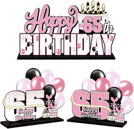 LINGTEER Happy 65th Birthday Pink Acrylic Table Topper Centerpieces Set - Cheers to 65 Years Old Birthday 65th Bday Party Gift Decorations.