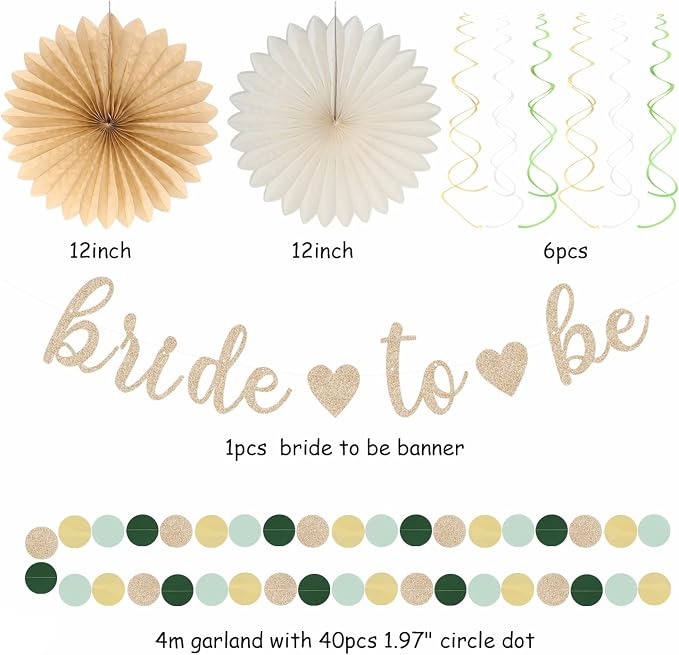 Sage-Green White Bridal-Shower Bachelorette Party-Decorations - 22pcs Gold Bride To Be Banner, Paper Lanterns Streamers, Tissue Pom Poms Flowers Fans Wedding Camp Theme Decor Backdrop Hugmoon