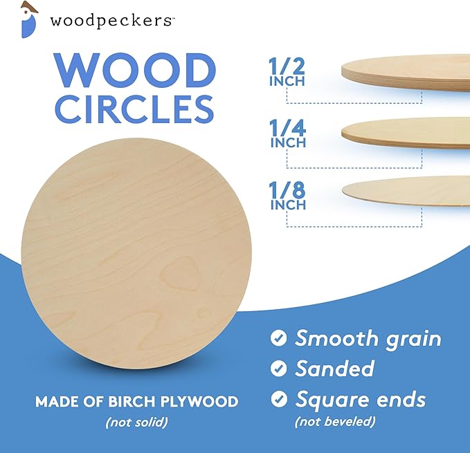 Wood Plywood Circles 6 inch, 1/8 Inch Thick, Round Wood Cutouts, Pack of 5 Baltic Birch Unfinished Wood Plywood Circles For Crafts, By Woodpeckers