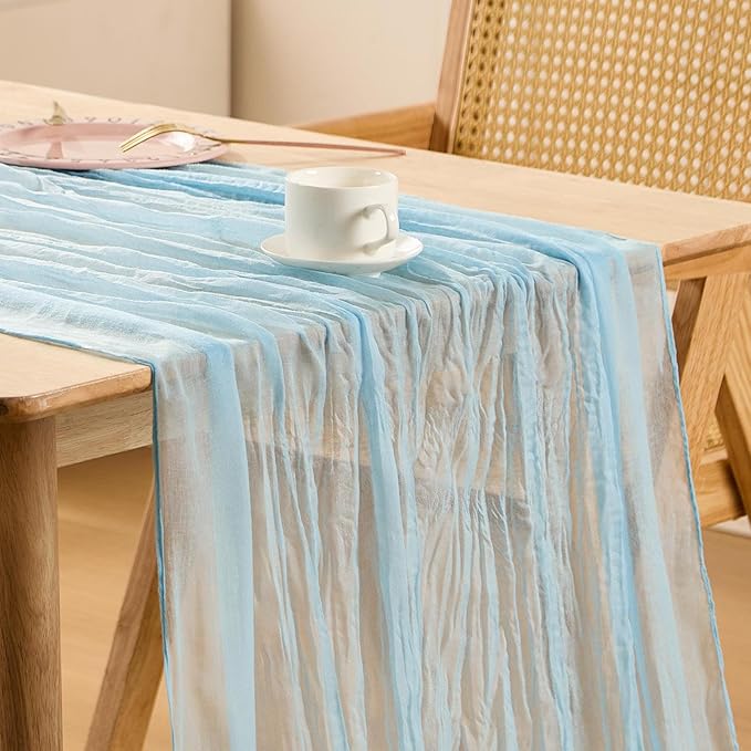 10 Pack Baby Blue Spring Table Runner Boho Cheesecloth Table Runners Bulk 10 ft Gauze Sheer Mother's Day Table Centerpieces for Wedding Ceremony Anniversary Bridal Baby Shower Banquet