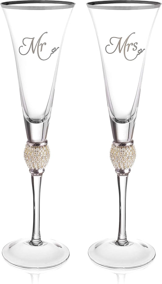 Trinkware Mr & Mrs Champagne Flute - Silver Rimmed, Rhinestone Bride & Groom Glass - Wedding Gift Set of 2