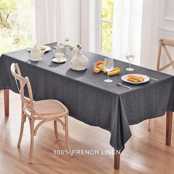 TOSMO 100% French Linen Tablecloth, Washable Farmhouse Rectangle Table Cloth for Kitchen, Dining, Party, Cocktail, Indoor and Outdoor Daily Use(60''x84'',Charcoal Grey)