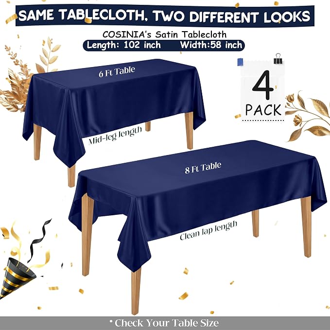 4 Pack Navy Blue Satin Tablecloth 58 x 102 Inches, Rectangular Satin Table Cloths for Wedding Reception, Birthday Party, Graduation & Holiday Banquet Tables