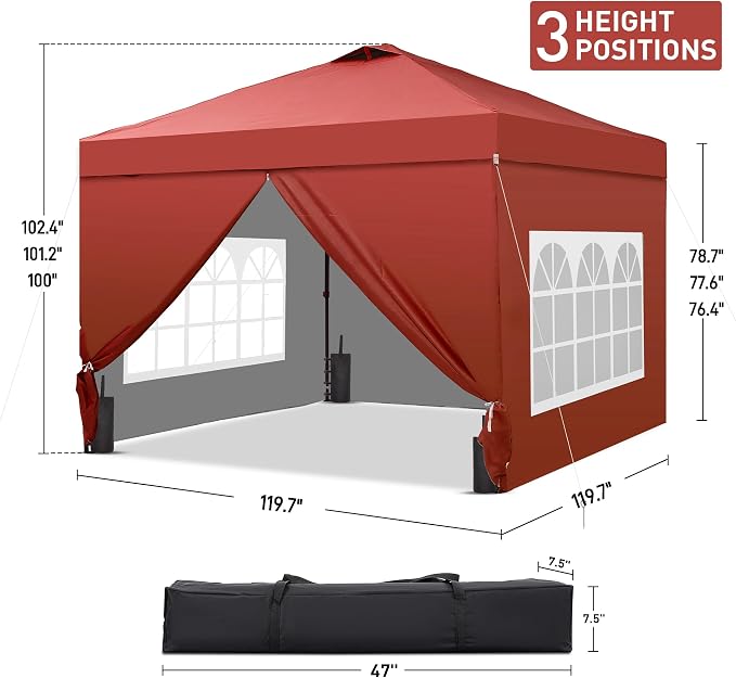 GDY 10x10 Pop Up Canopy Tent with 4 Sidewalls, Easy Set up, Outdoor Silver Coated Beach Gazebos, Carpas with 4 Sandbags, for Pool, Events, Parties, and Camping, Red.