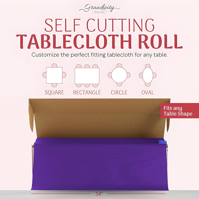 Grandipity Plastic Tablecloth Roll - 54in x 300 Ft. Purple Plastic Table Cloths for Parties Disposable with Cutter Box - Cut to Size Disposable Tablecloth Table Cover for Rectangle & Round