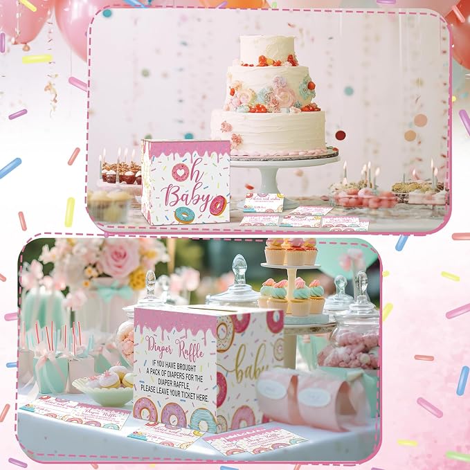 Teling 51 Pieces Diaper Raffle Tickets with Card Box Baby Shower Decorations Baby Shower Holder Box for Girl Boy Diaper Raffle Party(Donut Infant Sprinkle Decorations)