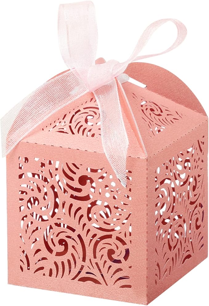 COTOPHER 60Pcs Laser Cut Favor Boxes, 2x2x2.75in Small Gift Boxes for Presents, Party Wedding Favors Boxes with Ribbon, Mini Candy Boxes for Event Bridal Shower Anniversary Birthday Christmas, Pink