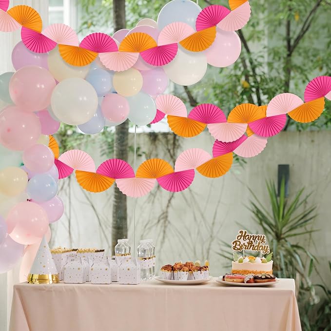 3 Pack Red Pink Orange Party Decorations Paper Fans Garland 15.6ft Background Ceiling Hanging Decorations for Sunset Soiree Wedding Birthday 3D Bachelorette Dawn Sunset Party Decoration