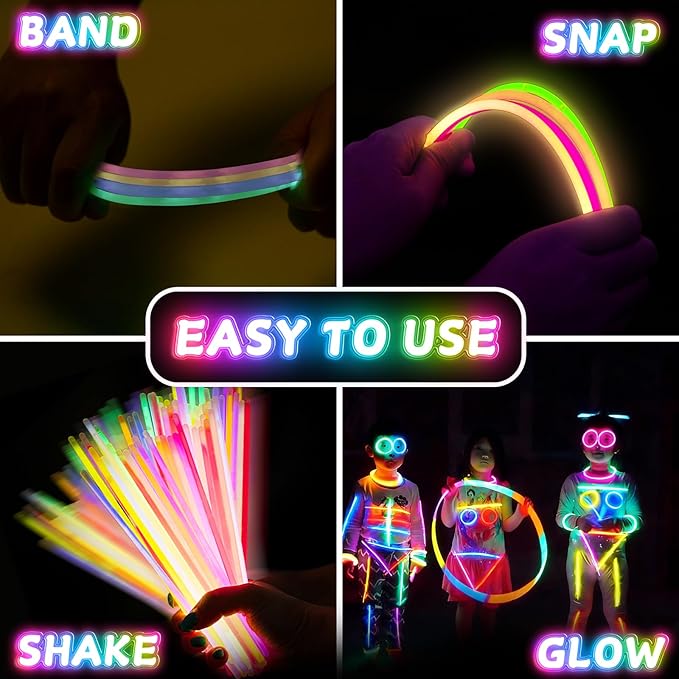 SHQDD 200 Glow Sticks Bulk Party Pack, 8” Neon Glow Sticks, DIY Glowsticks with Connectors Bracelets & Necklaces, Glow in the Dark Party Supplies for Kids, Adults, Parties, Halloween & New Year