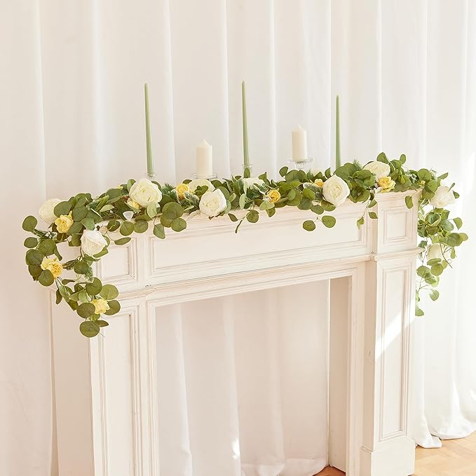 MISSPIN 2pcs Artificial Flowers Garland Spring Eucalyptus Garland Vintage Fake Flower Peony Rose Vine Greenery Decorative Wall Hanging Plant for Wedding Arch Door Arrangement Party Decor
