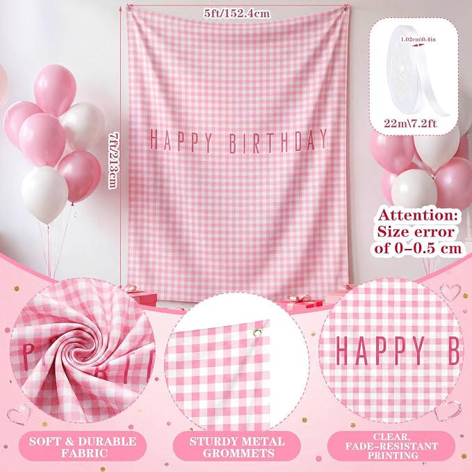 Flutesan 7x5ft Pink Gingham Happy Birthday Backdrop Large Banner Fabric Tapestry Birthday Party Decoration Baby Shower Linen Rustic Background Wall Photo Props Indoor Outdoor