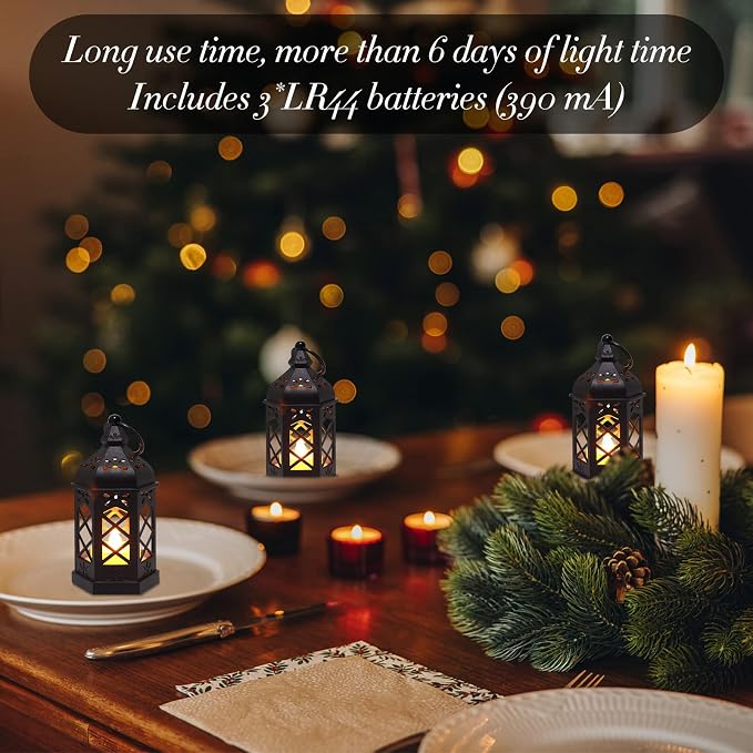 LLQ (8Pack-5Inch) Mini Lantern with Flickering LED Candle for Table Centerpiece, Black Halloween Decorations, Small Hanging Decorative Lantern for Wedding Christmas, Fall Garden Party Decor for Home