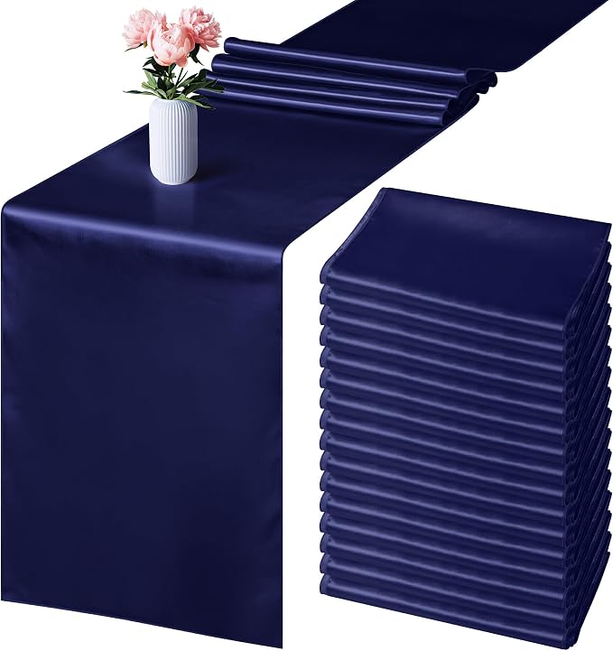 Aneco 12 Pack Satin Table Runner 12 x 108 Inch Navy Blue Long Wedding Satin Silk Table Runner for Wedding Banquet Graduations Birthday Party Decoration