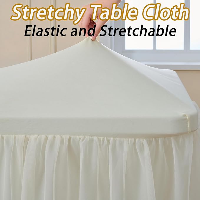 leegleri 4 pk 6ft Ivory Tulle Tablecloth for Rectangle Tables, 2-in-1 Cream Tulle Table Covers with Skirt,Wrinkle Free Stretchy Ruffle Tulle Table Cloths Fitted for Wedding Party Banquet Vendor