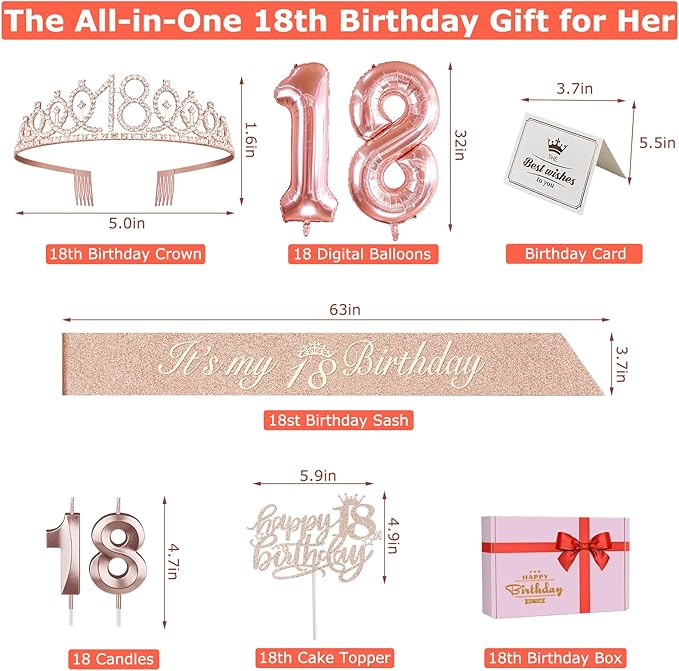 18th Birthday Decorations for Girls, Including 18th Birthday Sash and Tiara, Cake Topper and Candles, Number Balloons, 18 Year Old Gifts for Girls