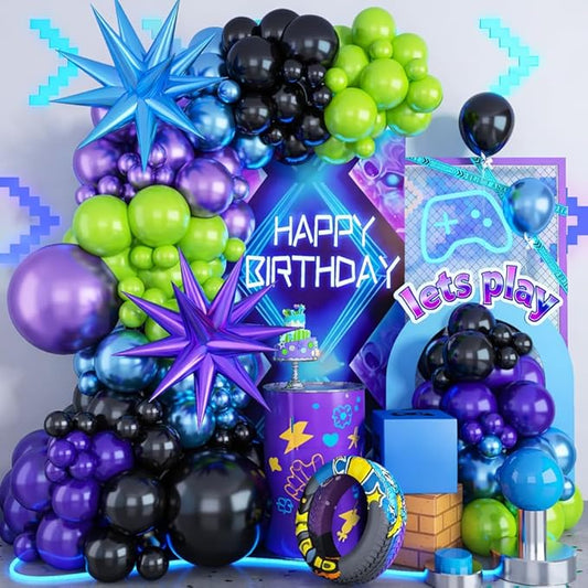 Blue Purple Balloon Garland Arch Kit, 104 PCS Metallic Purple Blue Black and Green Balloons with Star Balloons for Kids Boys Video Game Night Birthday Party Decorations