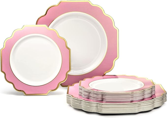 OCCASIONS Rose Gold Plastic Plates, 50 Pack for 25 Guests - Disposable Dinner & Dessert Plate Set, 25x10.5" + 25x8", Heavyweight Premium, BPA-Free (Imperial in Rose Pink & Gold)