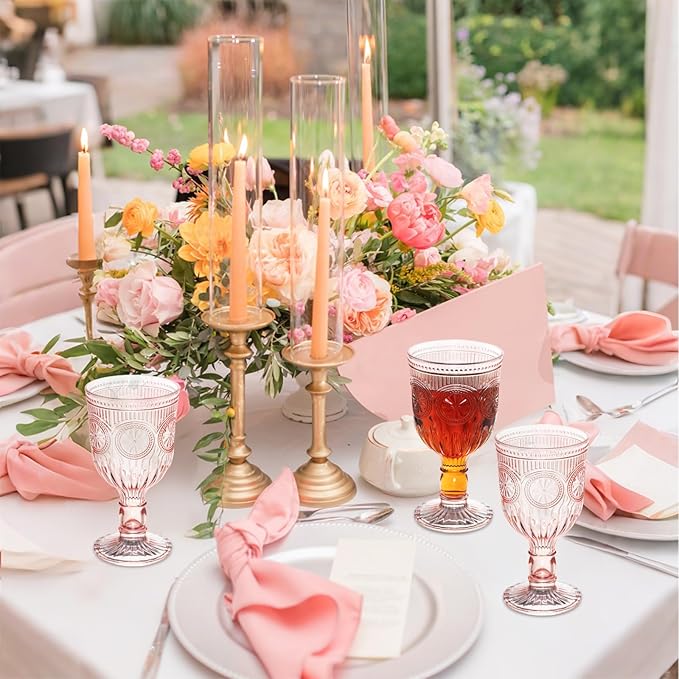 Pink 12 Pack Vintage Wine Glasses, Plastic Reusable 12 Ounce Colored Water Goblets, Unique Flower Embossed Pattern Unbreakable Stemmed Wine Glasses High Clear Wedding Party Bar Drinking Cups