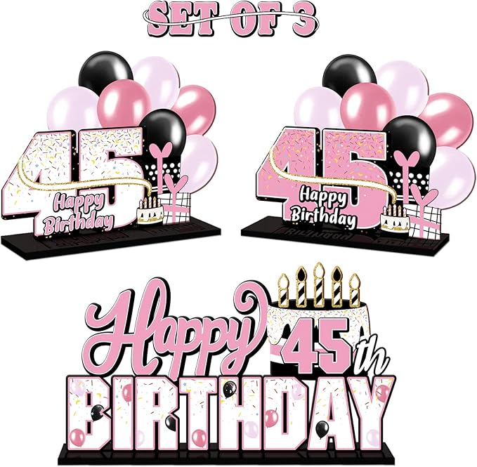 LINGTEER Happy 45th Birthday Pink Acrylic Table Topper Centerpieces Set - Cheers to 45 Years Old Birthday 45th Bday Party Gift Decorations.