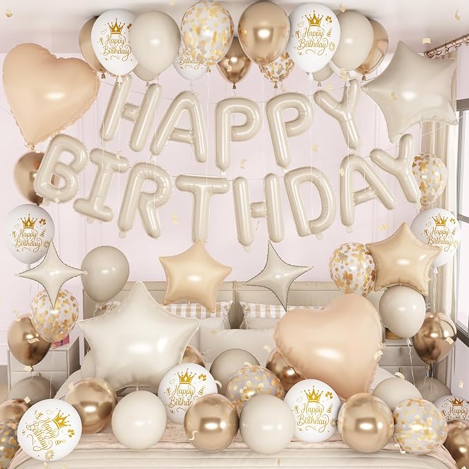 Boho Cream Beige Birthday Decorations for Women Neutral Nude Sand White Champagne Gold Print Balloons Gold Confetti Balloon Happy Birthday Banner Heart Balloons Star Balloon for Bday Party Supplies