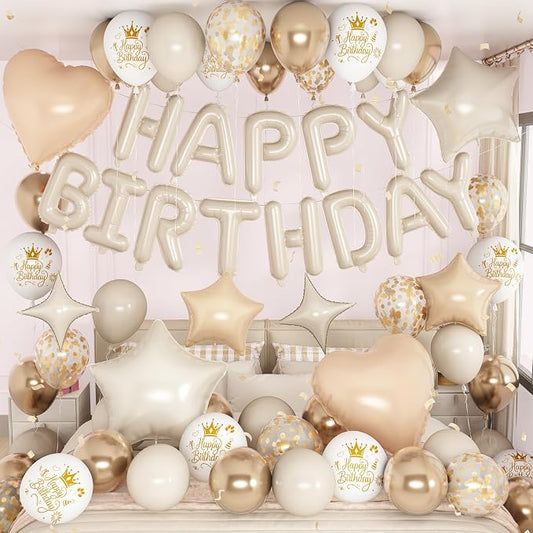 Boho Cream Beige Birthday Decorations for Women Neutral Nude Sand White Champagne Gold Print Balloons Gold Confetti Balloon Happy Birthday Banner Heart Balloons Star Balloon for Bday Party Supplies