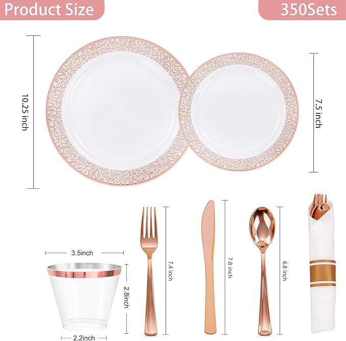 WELLIFE 350 PCS Rose Gold Disposable Dinnerware Set for 50 Guests, Disposable Rose Gold Lace Plates, Include:50 Dinner Plate, 50 Dessert Plates, 50 Pre Rolled Napkins with Silverware and 50 Cups