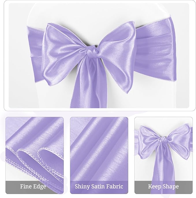 Pesonlook 60 PCS Lavender Satin Chair Sashes Bows Satin Chair Sashes Universal Chair Cover for Wedding Reception Restaurant Event Decoration Banquet,Party,Hotel Event Decorations (7 x 108 inch)