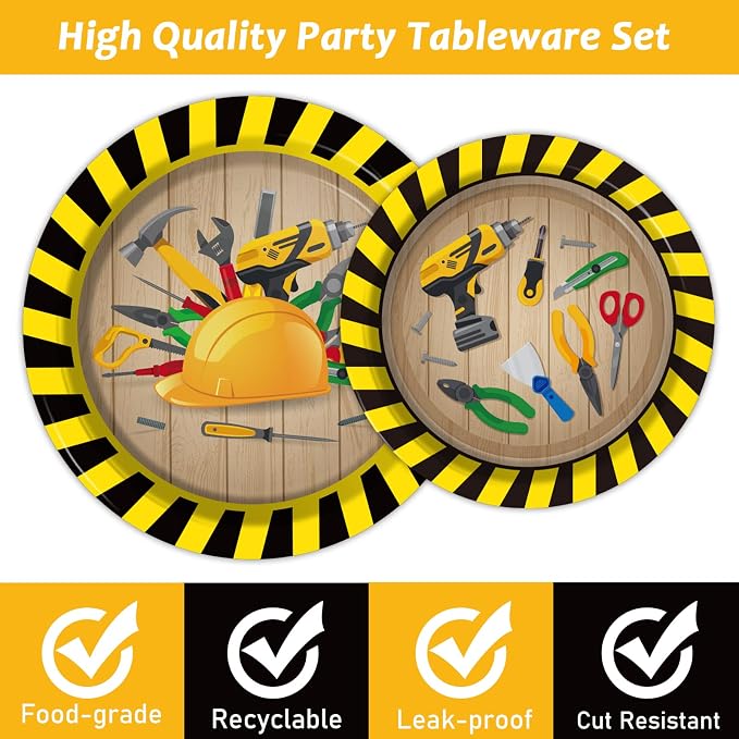 chiazllta 96 Pcs Handyman Tools Party Paper Plate and Napkins Construction Birthday Party Decorations Little Builder Handy Party Paper Plates Napkins Forks for Party Favors 24 Guests