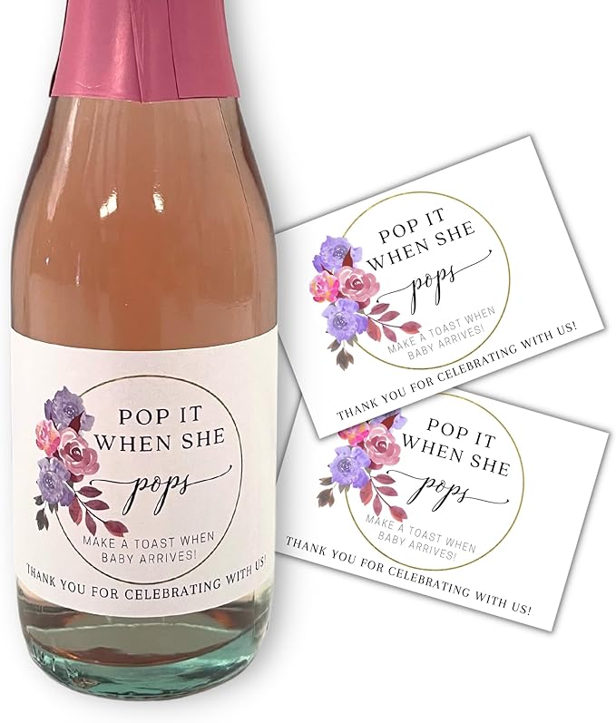 Pop It When She Pops Floral Purple Mini Champagne Bottle Label | 12 pk 2 x 3” Sticker Tags When She Arrives for Wine Bottles Baby Shower Gender Reveal