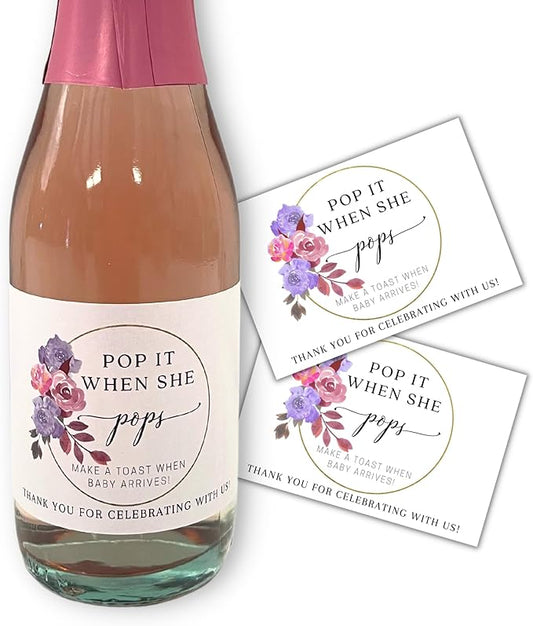 Pop It When She Pops Floral Purple Mini Champagne Bottle Label | 12 pk 2 x 3” Sticker Tags When She Arrives for Wine Bottles Baby Shower Gender Reveal