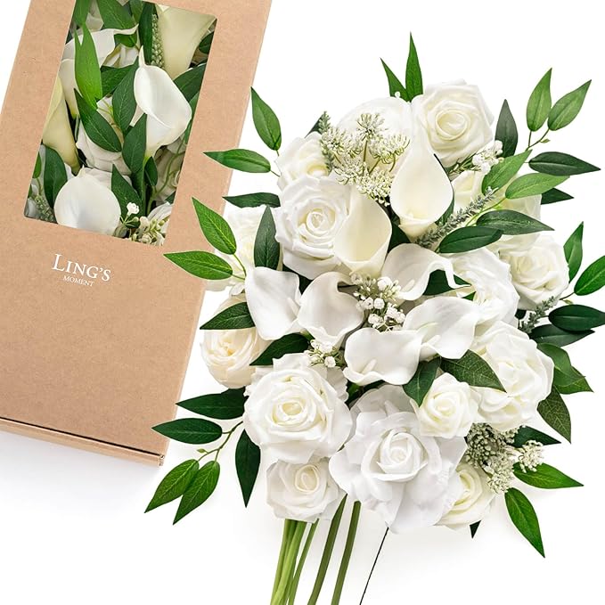 Ling's moment Fake Flowers Box, Faux Artificial Greenery Stems Foam Roses Silk Peony Willow Lily Fabic Flower for Centerpieces Bouquet Wedding Vase Floral Decorations, White & Green, Deluxe Combo