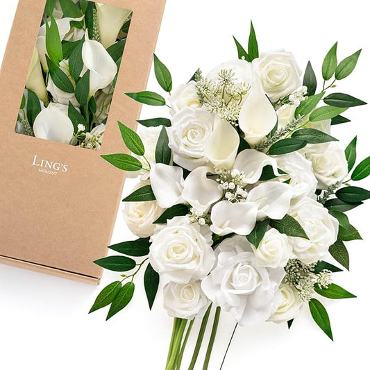 Ling's moment Fake Flowers Box, Faux Artificial Greenery Stems Foam Roses Silk Peony Willow Lily Fabic Flower for Centerpieces Bouquet Wedding Vase Floral Decorations, White & Green, Deluxe Combo