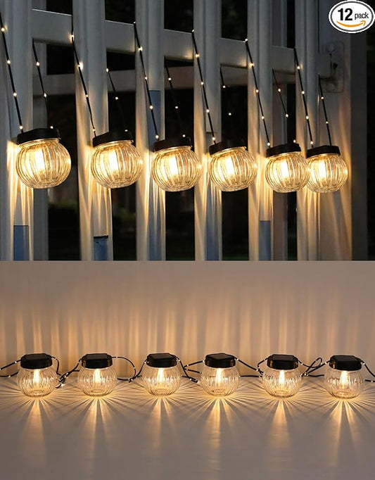 PARTPHONER Solar Lights Outdoor Waterproof 12-Pack, Solar Powered Hanging Lantern Ribbed Glass Hanging Globes for Yard Decor Christmas Decoration, Shepherd Hook, Garden Tree Ornaments, Clear