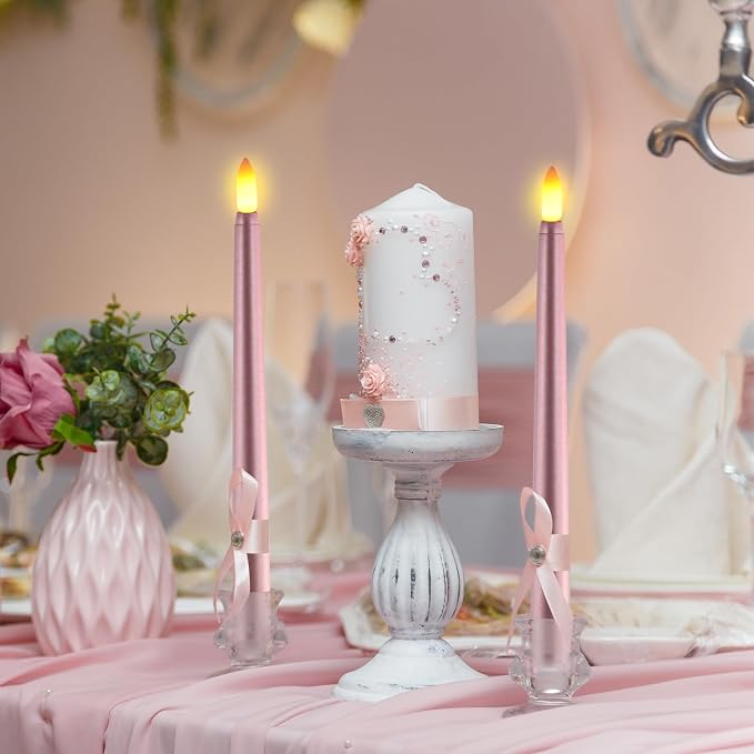 Macarrie 24 Packs Flameless Taper Candles Battery Operated Fake 11 Inch Long Candlelight LED Flameless Candlesticks Flickering Tapered for Summer Fall Wedding(Rose Gold)