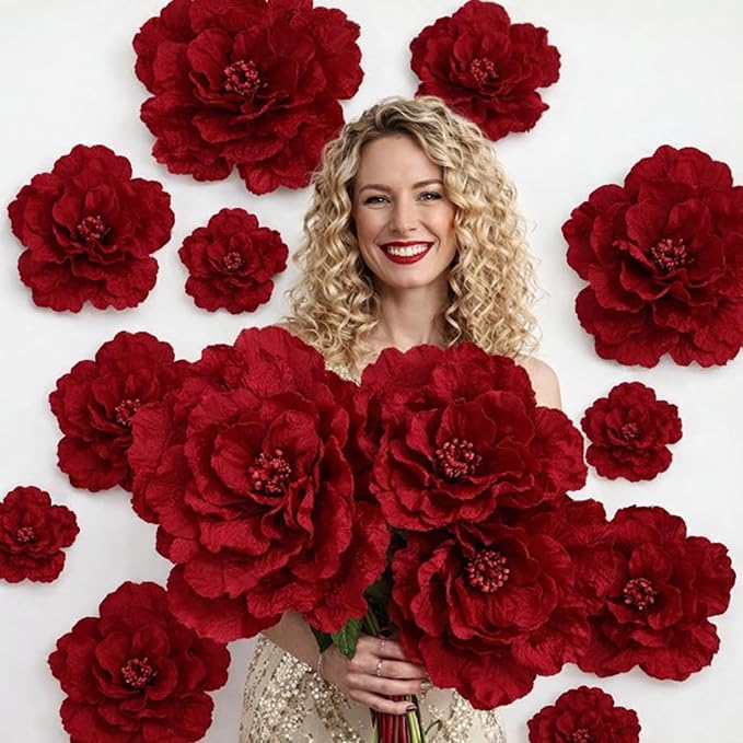 Norme 3 Pcs Artificial Giant Flowers for Decoration 12, 16, 20 Inch Wedding Large Rose Petals Giant Flowers Large Burgundy Red Rose for Home Decor, Anniversary Birthday Valentine's Day
