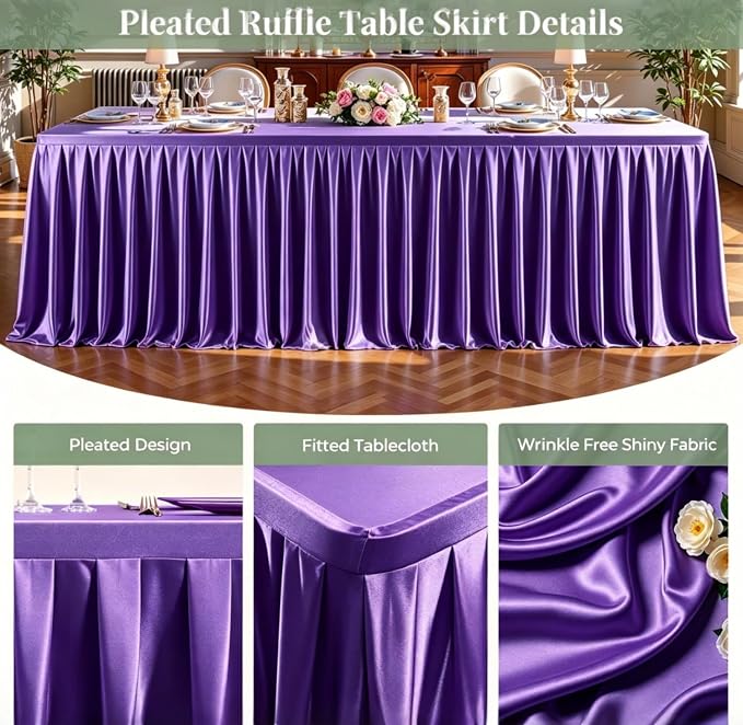 6 Packs Purple Satin Tablecloths Rectangle 6FT, Glitter Spandex Fitted Stretch Table Covers Wrinkle-Free Floor Length Shimmer Table Skirt for Weddings Parties Baby Shower Banquets Vendor Events