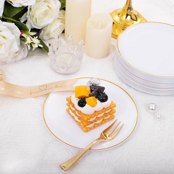 Festiva 200Pcs Gold Dessert Plates 6.3" with Forks 5"- Small Disposable Dessert/Appetize/Cake Plates Plates- serve 100 guests include 100Plates 100Forks for Wedding &Birthday Party & Outdoor