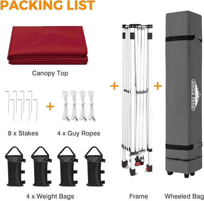 EAGLE PEAK Pop Up Canopy Tent with Wheeled Carry Bag, 8 Stakes, 4 Ropes, 4 Weight Bags, Easy Set Up Tent Canopy, 10x10 ft, 100sqft of Shade, Burgundy