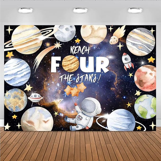 Reach Four The Stars Space Theme Children Birthday Background 4th Birthday Party Kids Astronaut Themed Birthday Party Decoration Boy Girl Birthday Party Photography Decorations Banner (8X6FT)