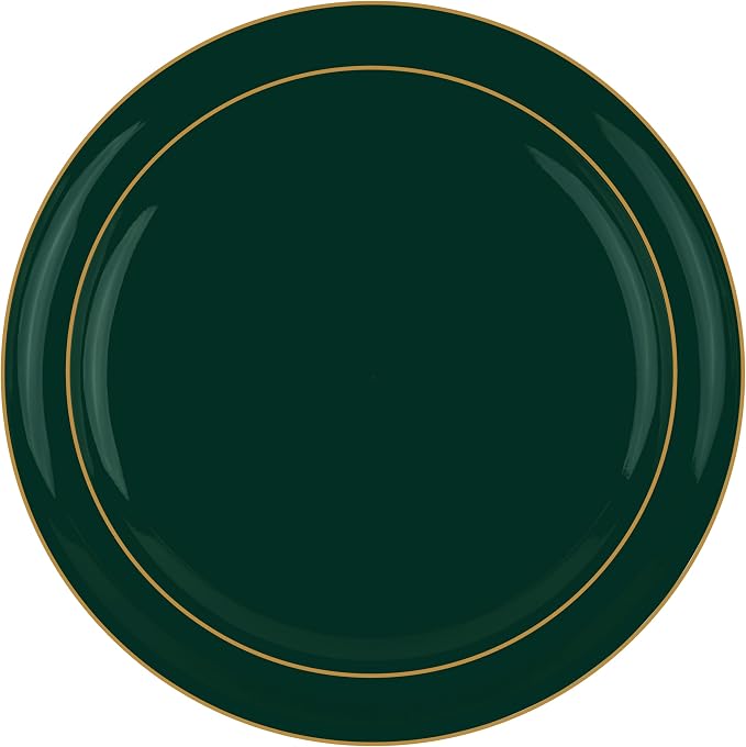 PLASTICPRO 80 Piece Combo Plates Set includes 40-6.3'' inch Plates & 40-8.6'' inch Plate Emerald Green Plastic with Gold Rim Design Party, Festival, Wedding, Premium Elegant