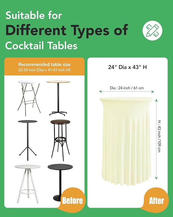 KeyWave Cocktail Table Tablecloth with Skirts - 24x43 Inch Wavy Spandex High Top Cocktail Table Covers, Ruffle Drape Highboy Tablecloth Reusable for Party Wedding Cake Standing Table, Ivory, 6 Pack