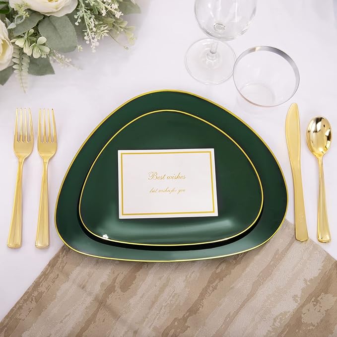 DaYammi 180Pcs Green Plastic Plates, Green Gold Disposable Plates with Gold Silverware Dinnerware Set Include: 30 Dinner Plate,30 Dessert Plate,90 Plastic Cutlery,30 Cups for Party Dinner Wedding