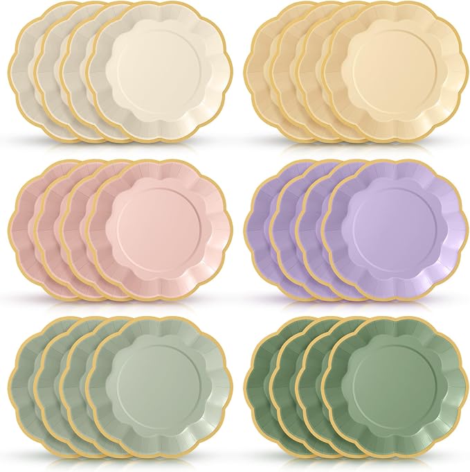 72 Pcs Sage Green Purple Pink Paper Plates 9 Inch Fairy Scalloped Paper Disposable Dinner Dessert Plates for Flower Floral Butterfly Birthday Wedding Bridal Party Supplies, 6 Colors