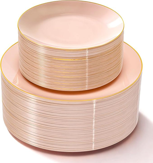 Lullaby 100PCS Pink and Gold Plastic Plates, Disposable Pink Plastic Plate with Gold Rim, 50PCS Dessert Plates 7" and 50PCS Dinner Plates 10", Perfect for Party Wedding and Daily Use