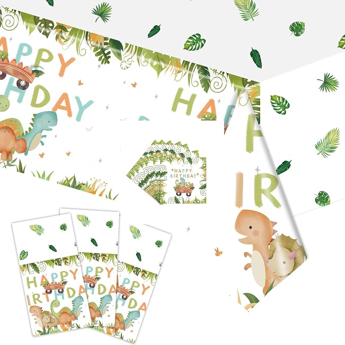 Cartoon Dinosaur Themed Happy Birthday Party Decorations, Plates Napkins Cups Tableware, Dino Backdrop Tablecloth, Happy Birthday Banner, Cake Topper, Colorful Printed Balloons for Kids Adults