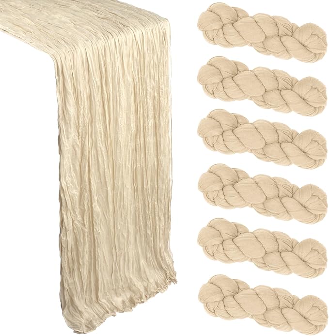 6 Pack Beige Cheesecloth Table Runner 10Ft Spring Gauze Cheese Cloth Table Runner 35x120 Inch Boho Sheer Rustic Fabric for Party Decor Baby Shower Wedding Holiday Decorations