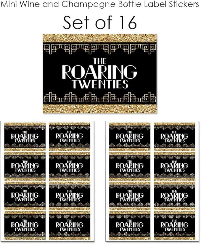 Big Dot of Happiness Roaring 20's - Mini Wine and Champagne Bottle Label Stickers - 1920s Art Deco Jazz Party Favor Gift for Women and Men - Set of 16