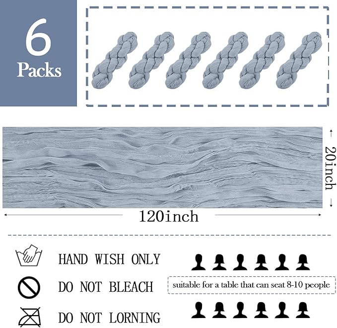 6 Pack Dusty Blue Cheesecloth Table Runner 20 x 120 inch Gauze Table Runners 10 FT Long,Semi Sheer Boho Cheese Cloth Fabric Table Runner Bulk for Wedding,Party,Baby Shower,Bridal Shower Decoration