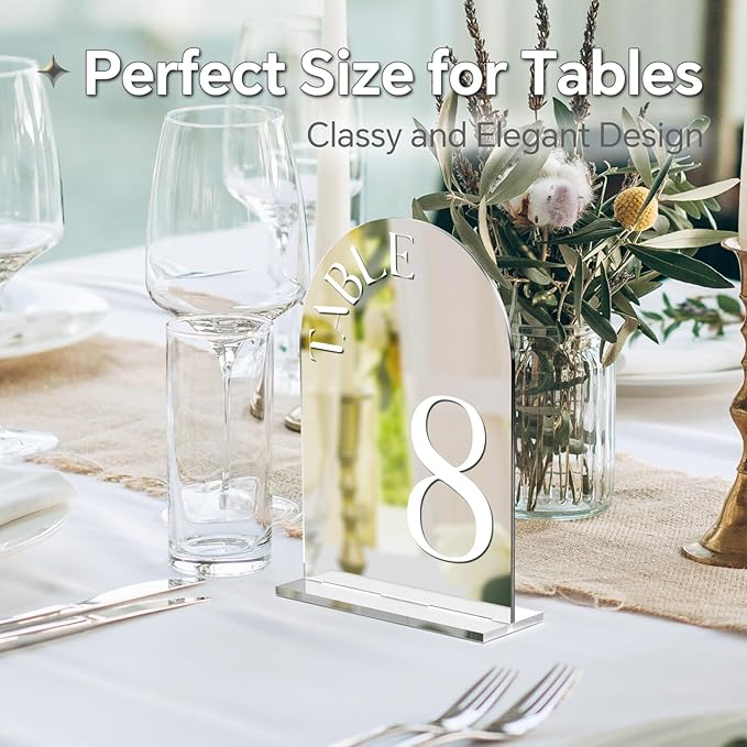 Mirror Arched Wedding Table Numbers 1-25 with Stands, 5"x7" Double-sided Letter, Acrylic Wedding Signs Centerpiece Decoration for Wedding Reception Party (Silver, Table Numbers 1-25)